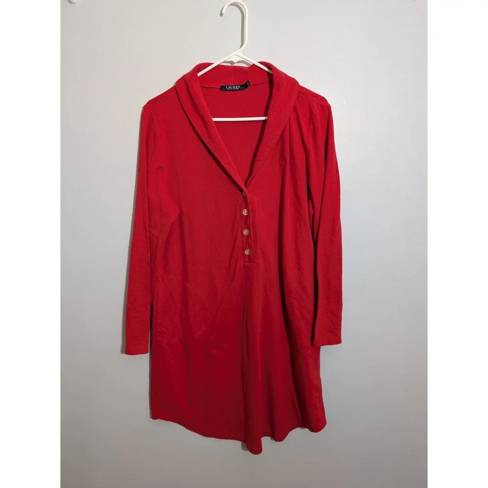 Z5 Lauren‎ Ralph Lauren Red Long Sleeve Fleece Tunic Sleep Gown Dress Size L